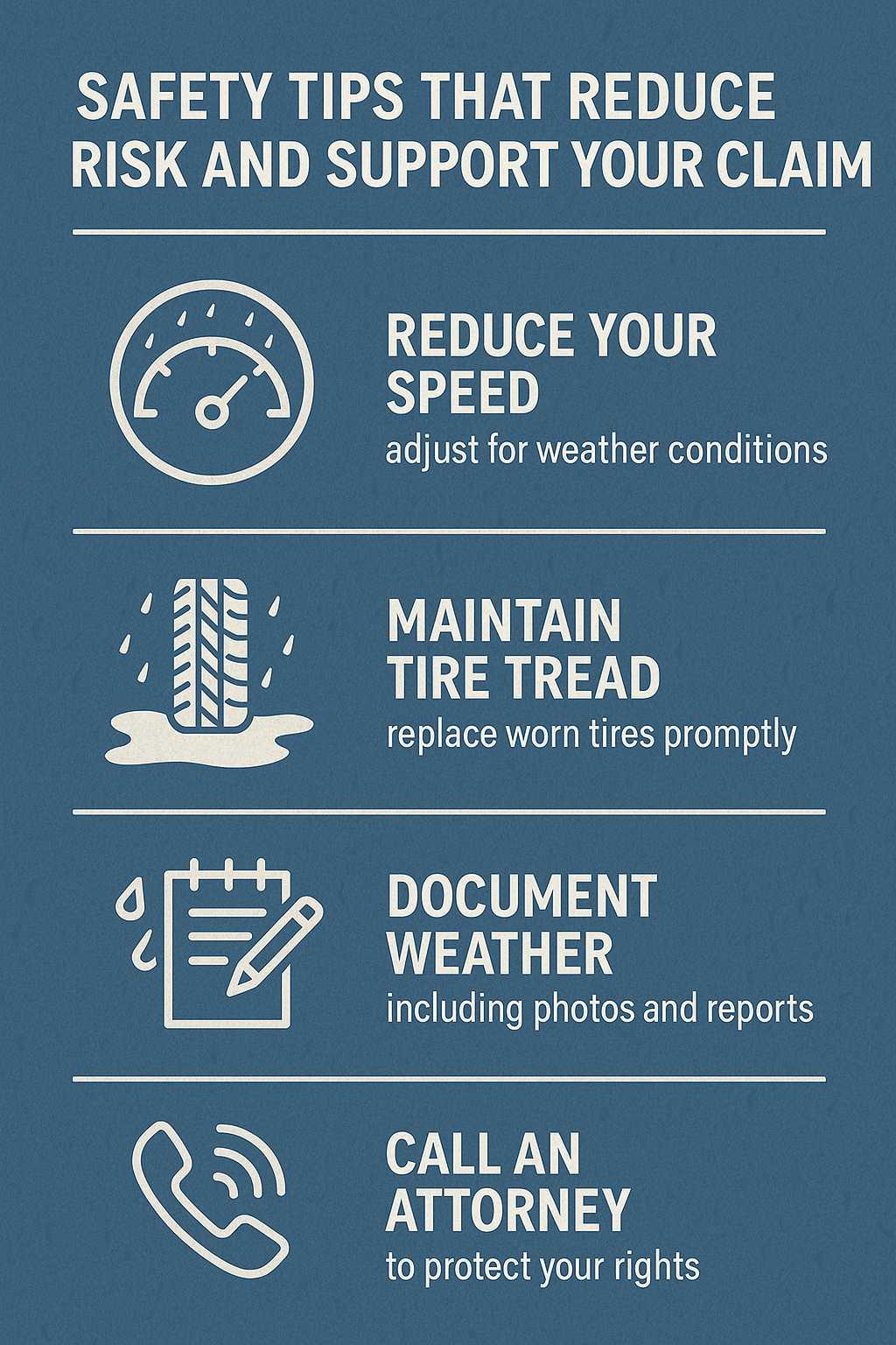 Safety Tips That Reduce Risk and Support Your Claim Slow down in heavy rain and fog. Increase following distance on slick roads. Always use headlights in poor weather conditions. Avoid cruise control on wet or icy pavement. Keep tires, brakes, and windshield wipers in good condition. Never drive through floodwater—turn around instead. These behaviors not only keep you safe but also demonstrate that you acted responsibly if a claim arises.