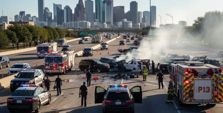 Houston highway accident scene with emergency vehicles - houston police department accident report