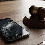 cracked phone screen next to a gavel - criminal mischief