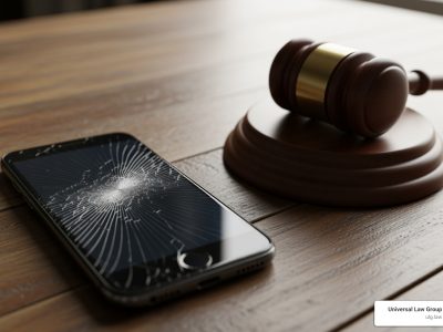 cracked phone screen next to a gavel - criminal mischief