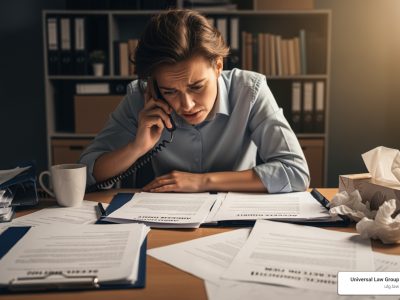 A person looking stressed while on the phone and reviewing documents related to an accident injury and insurance paperwork - sedgwick claims