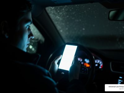 A driver glancing at a glowing phone screen in a dark car - how to prevent distracted driving
