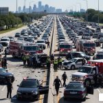 complex accident scene on Houston freeway with emergency services - third party liability