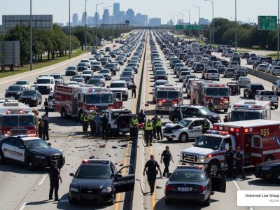 complex accident scene on Houston freeway with emergency services - third party liability