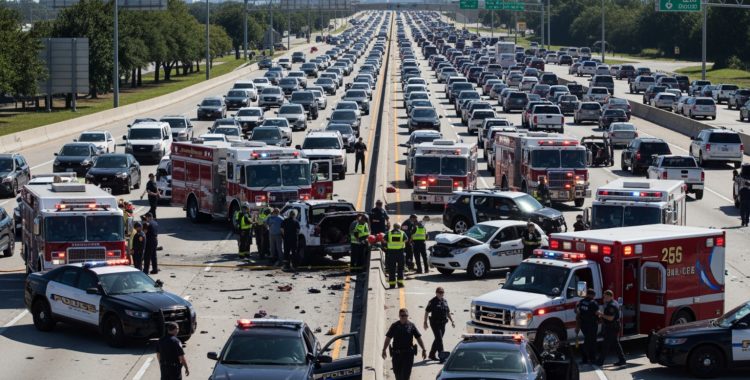 complex accident scene on Houston freeway with emergency services - third party liability