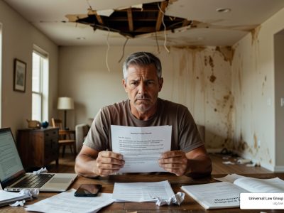 frustrated homeowner looking at a denied insurance claim with a look of disbelief - bad faith insurance lawsuit