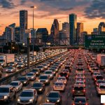 Most dangerous roads in Houston heavy freeway traffic congestion at sunset - Most Dangerous Roads in Houston