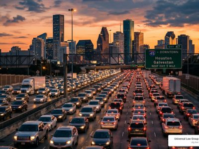 Most dangerous roads in Houston heavy freeway traffic congestion at sunset - Most Dangerous Roads in Houston