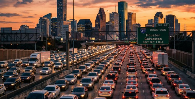 Most dangerous roads in Houston heavy freeway traffic congestion at sunset - Most Dangerous Roads in Houston