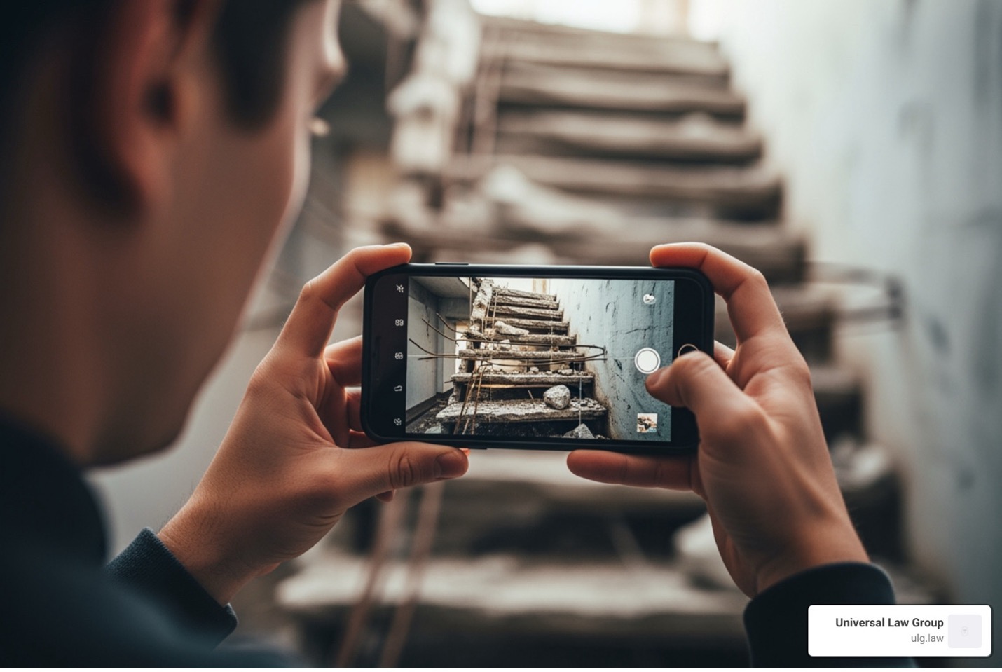 Person photographing a broken staircase to document evidence for a premises liability claim