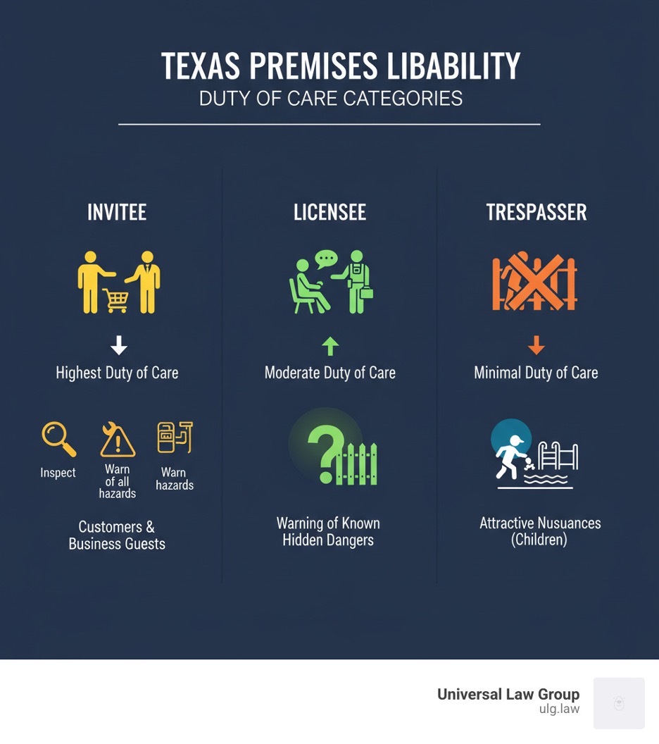 Texas premises liability duty of care chart comparing invitee, licensee, and trespasser status