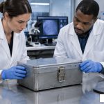 Forensic technicians in a crime lab examining a sealed metal container collected as evidence