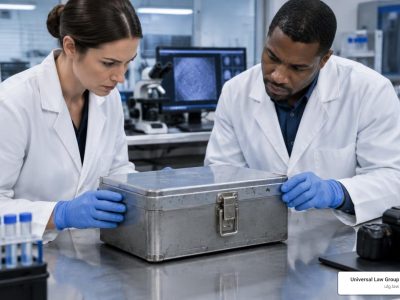 Forensic technicians in a crime lab examining a sealed metal container collected as evidence
